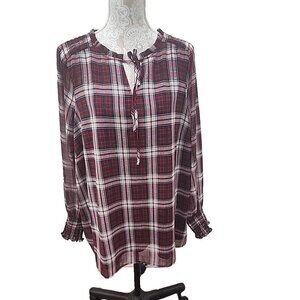 Talbots Red Plaid Multicolor Top Tie Neck Smocked Lined Pullover Women's 2X